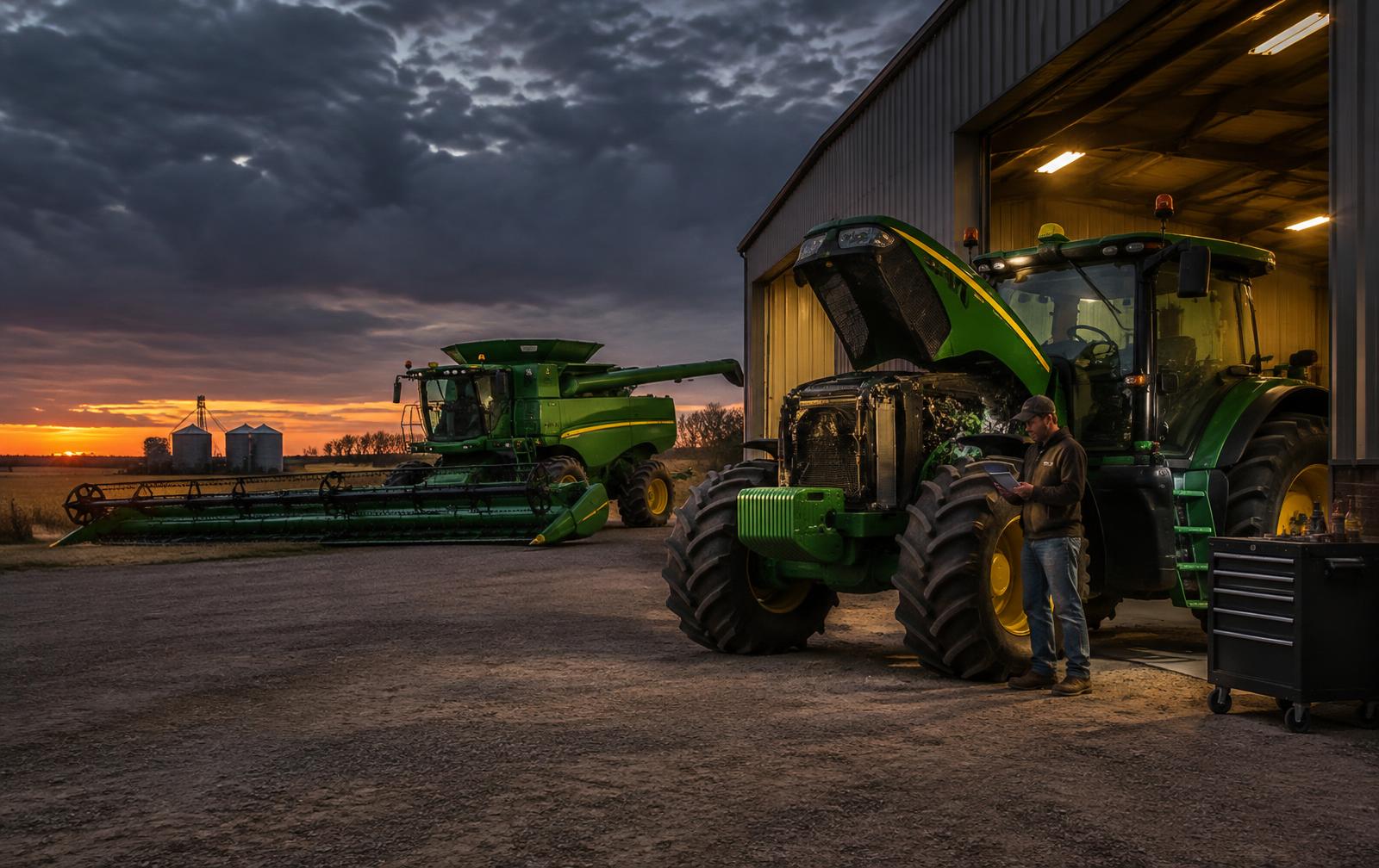 Tractor and combine outside a machine shed at dusk